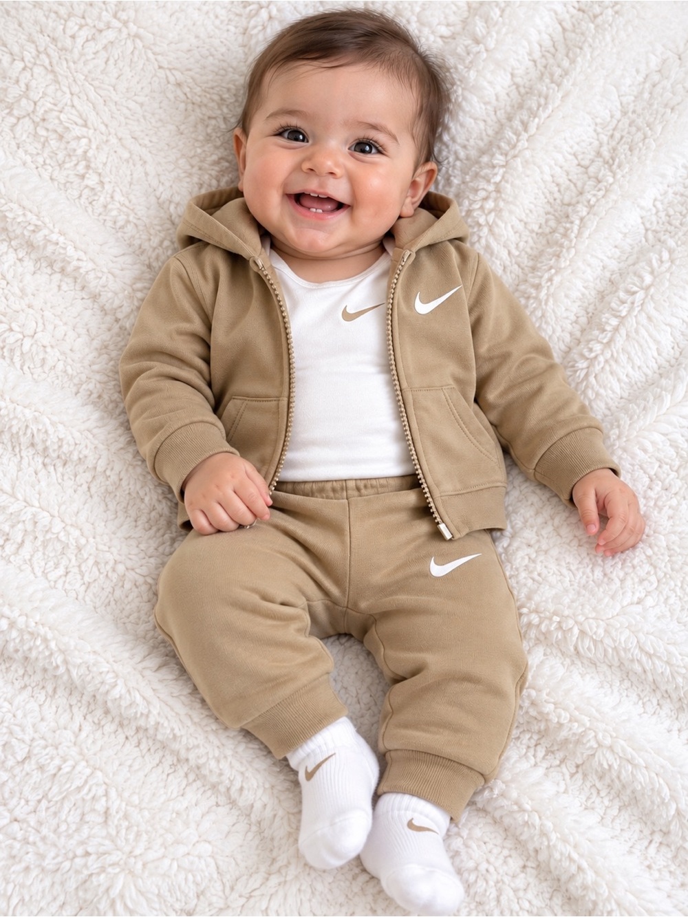 Nike Tan Hoodie, Joggers & White Tee Kids Set #140